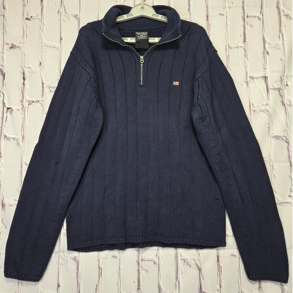 Polo Jeans Co Ralph Lauren Mens Navy Blue Ribbed Cotton Quarter Zip Sweater‎ L